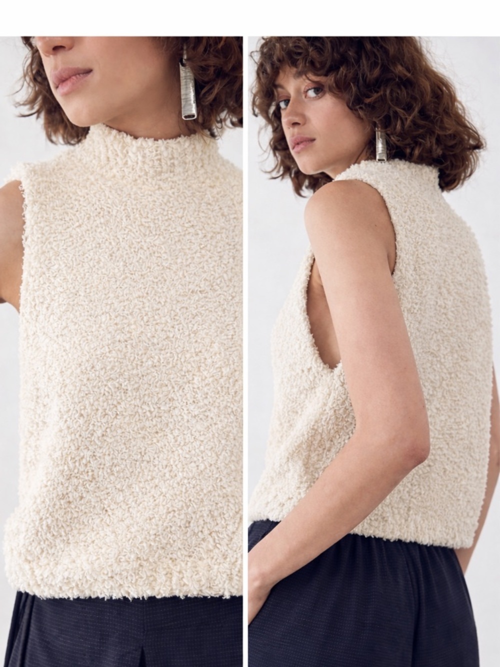 Urban Outfitters Cream Sleeveless Loop-Knit Turtleneck Sweater
